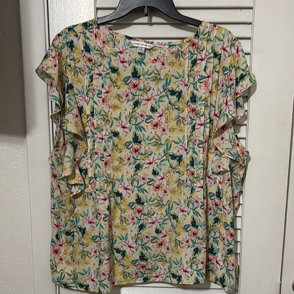 Counterparts Green and Orange Ruffled Cap Sleeve Blouse